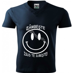 Tricou tineret-copii albastru marin,  guler V - Zambeste, Isus te iubeste!